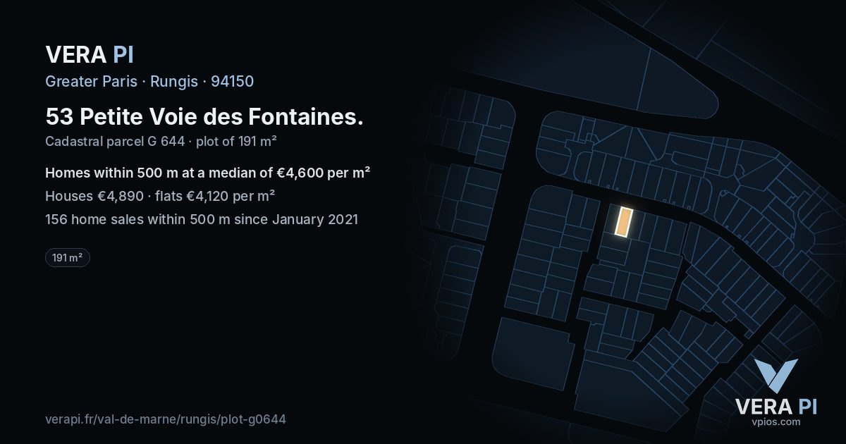 53 Petite Voie des Fontaines, Rungis at night – the plot lit, the parcels around coloured by the prices near them