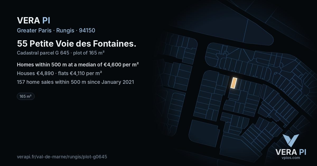 55 Petite Voie des Fontaines, Rungis at night – the plot lit, the parcels around coloured by the prices near them