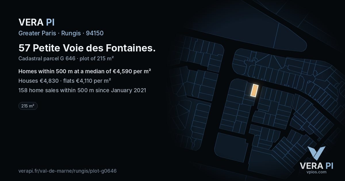 57 Petite Voie des Fontaines, Rungis at night – the plot lit, the parcels around coloured by the prices near them