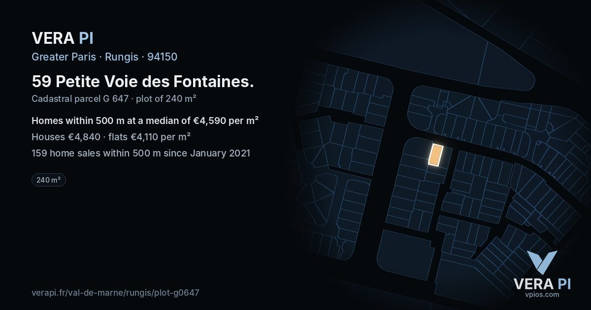59 Petite Voie des Fontaines, Rungis at night – the plot lit, the parcels around coloured by the prices near them