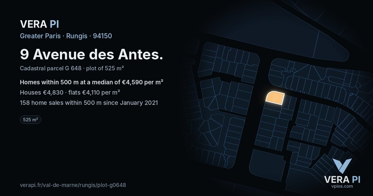 9 Avenue des Antes, Rungis at night – the plot lit, the parcels around coloured by the prices near them