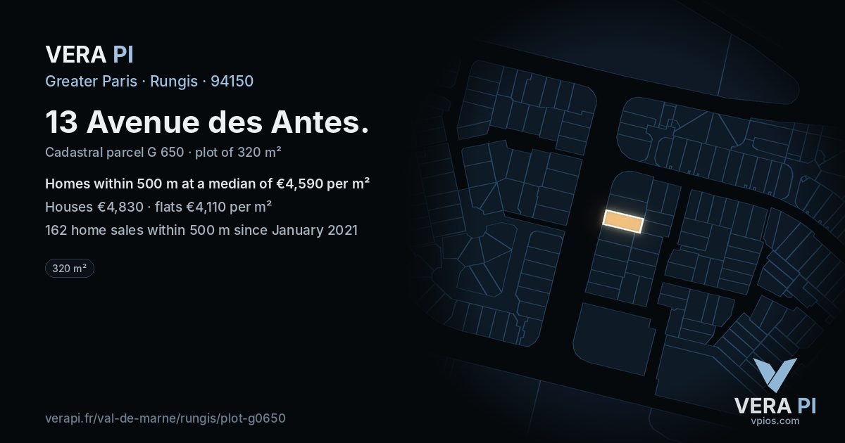 13 Avenue des Antes, Rungis at night – the plot lit, the parcels around coloured by the prices near them