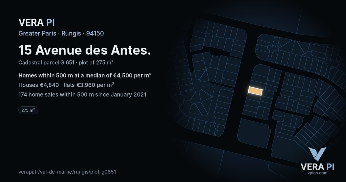 15 Avenue des Antes, Rungis at night – the plot lit, the parcels around coloured by the prices near them