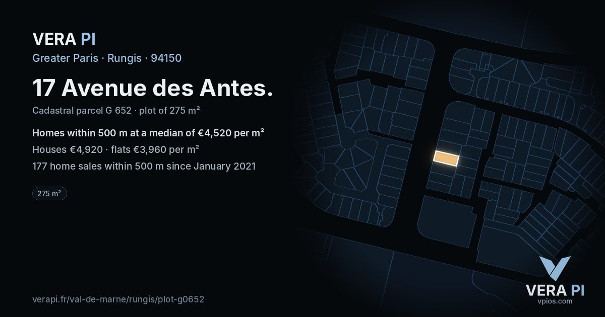 17 Avenue des Antes, Rungis at night – the plot lit, the parcels around coloured by the prices near them