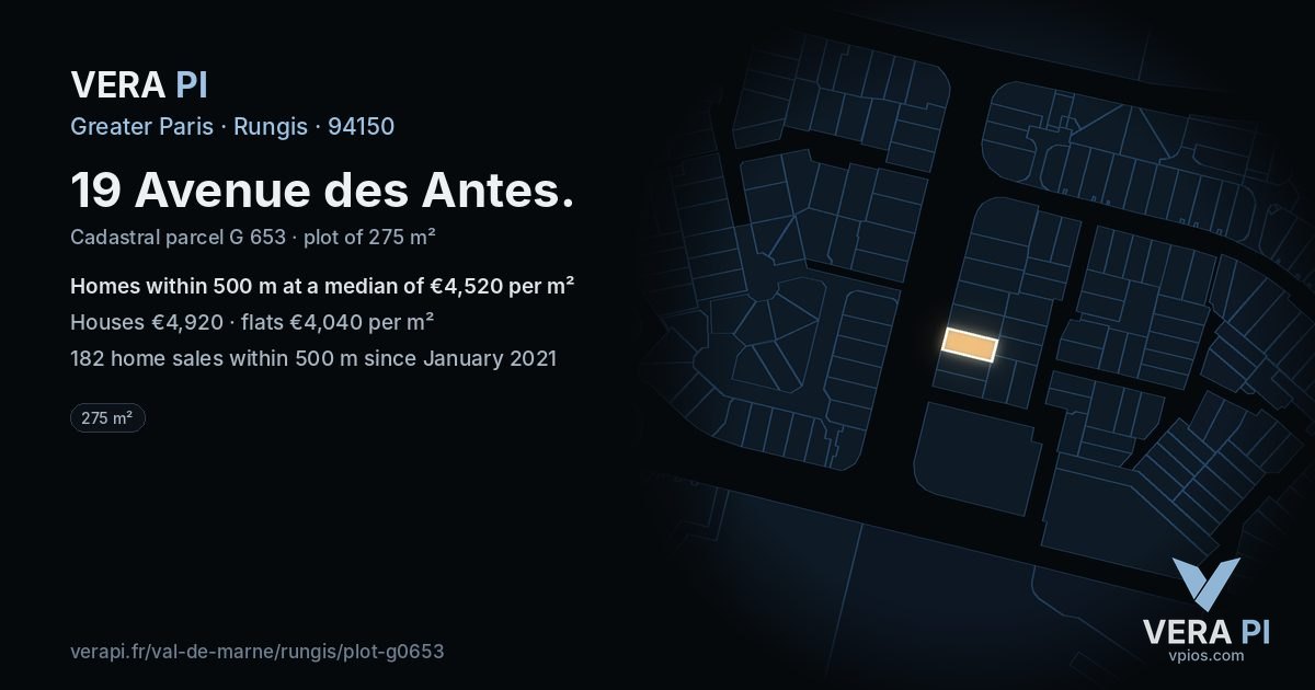 19 Avenue des Antes, Rungis at night – the plot lit, the parcels around coloured by the prices near them