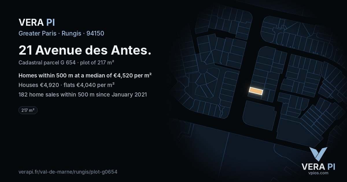 21 Avenue des Antes, Rungis at night – the plot lit, the parcels around coloured by the prices near them
