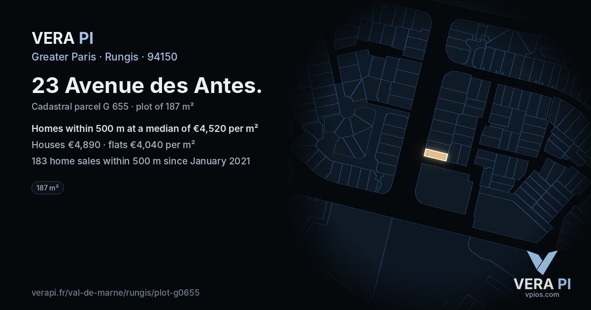 23 Avenue des Antes, Rungis at night – the plot lit, the parcels around coloured by the prices near them