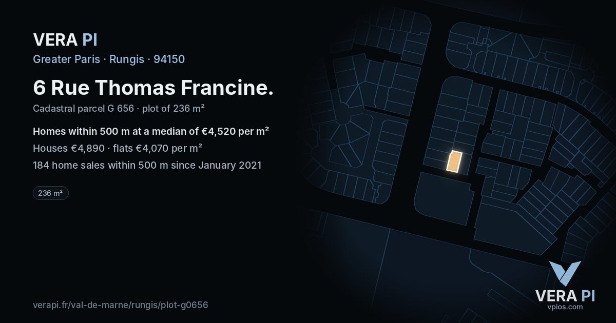 6 Rue Thomas Francine, Rungis at night – the plot lit, the parcels around coloured by the prices near them