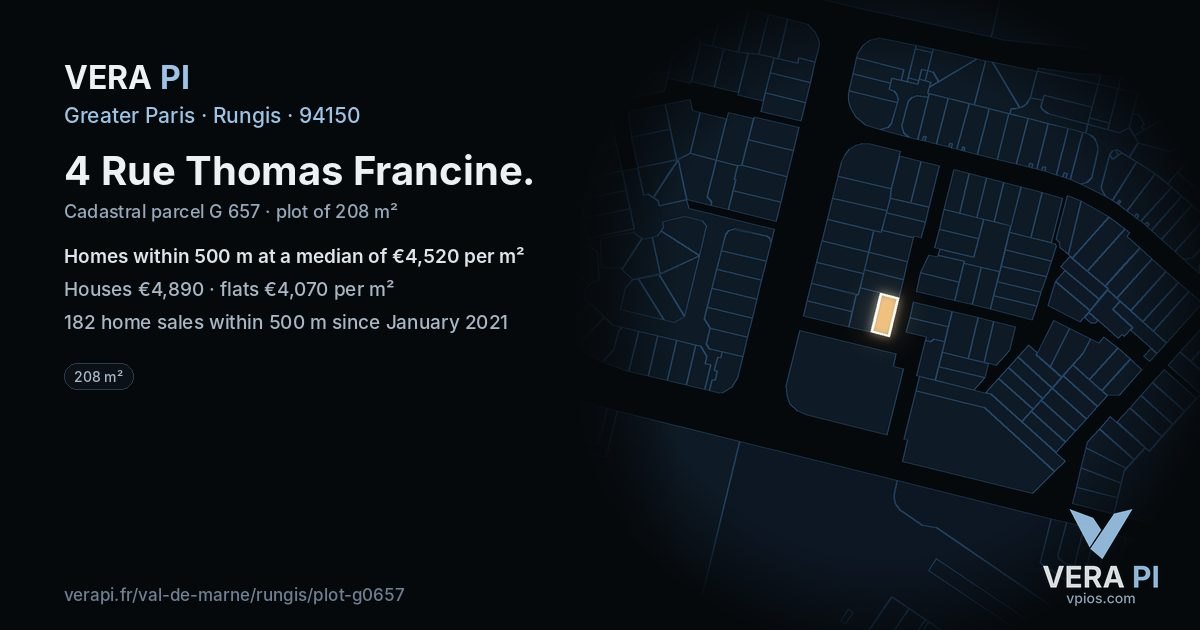 4 Rue Thomas Francine, Rungis at night – the plot lit, the parcels around coloured by the prices near them