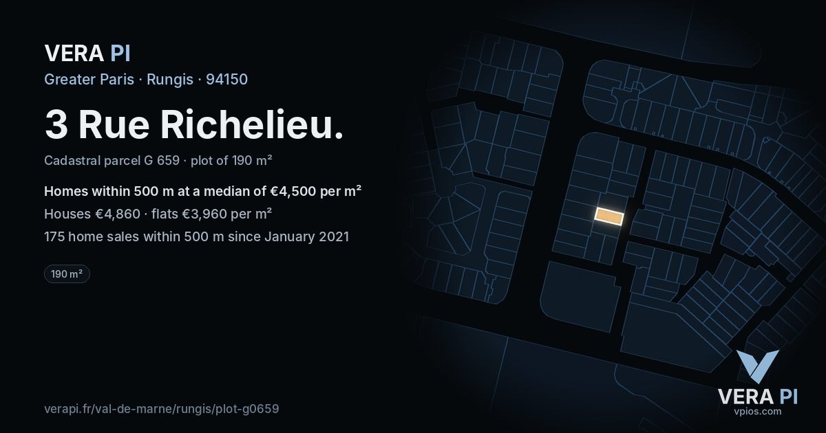 3 Rue Richelieu, Rungis at night – the plot lit, the parcels around coloured by the prices near them