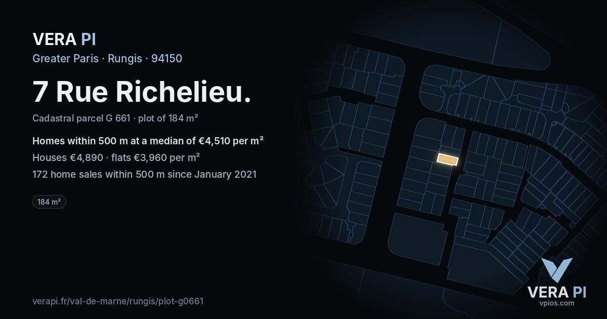 7 Rue Richelieu, Rungis at night – the plot lit, the parcels around coloured by the prices near them