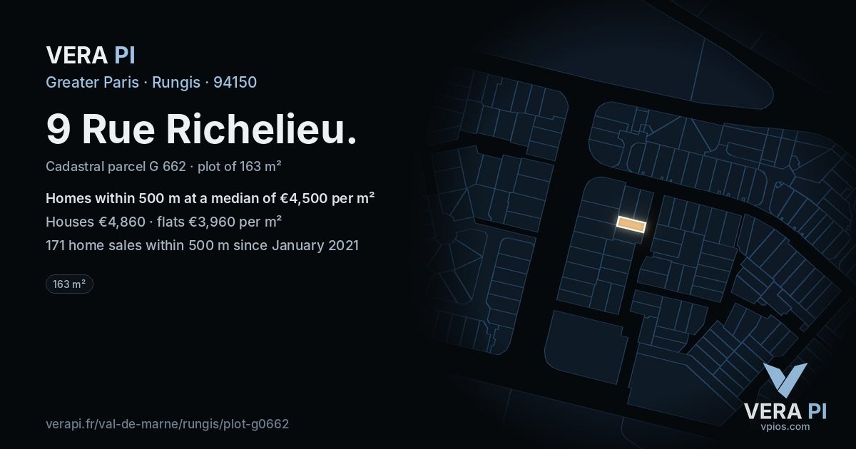 9 Rue Richelieu, Rungis at night – the plot lit, the parcels around coloured by the prices near them