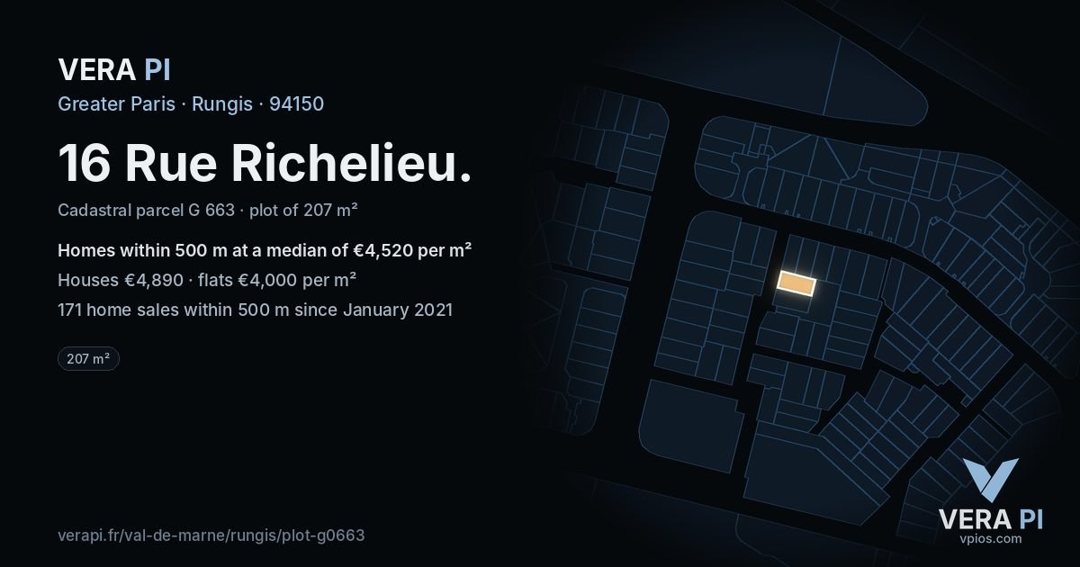 16 Rue Richelieu, Rungis at night – the plot lit, the parcels around coloured by the prices near them
