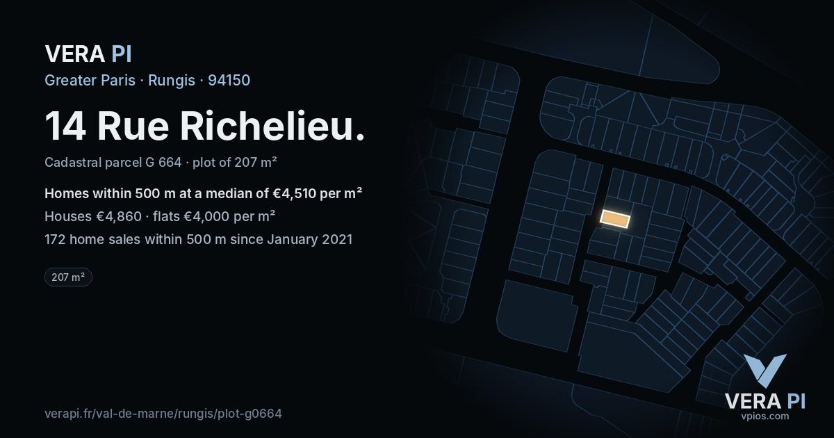 14 Rue Richelieu, Rungis at night – the plot lit, the parcels around coloured by the prices near them