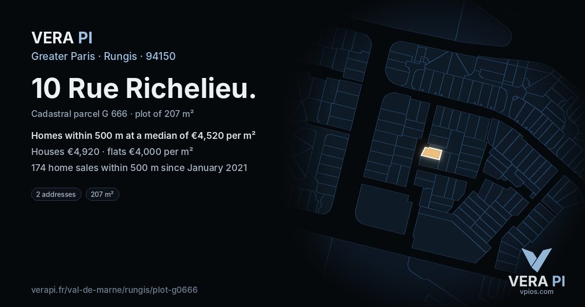 10 Rue Richelieu, Rungis at night – the plot lit, the parcels around coloured by the prices near them