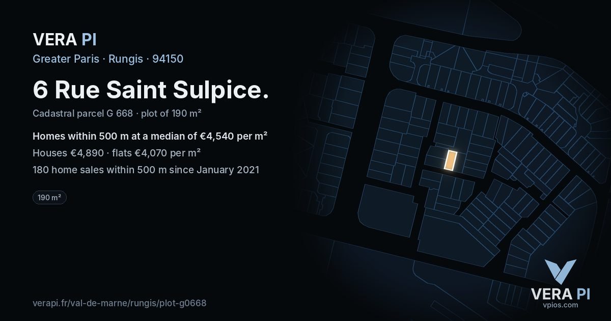 6 Rue Saint Sulpice, Rungis at night – the plot lit, the parcels around coloured by the prices near them