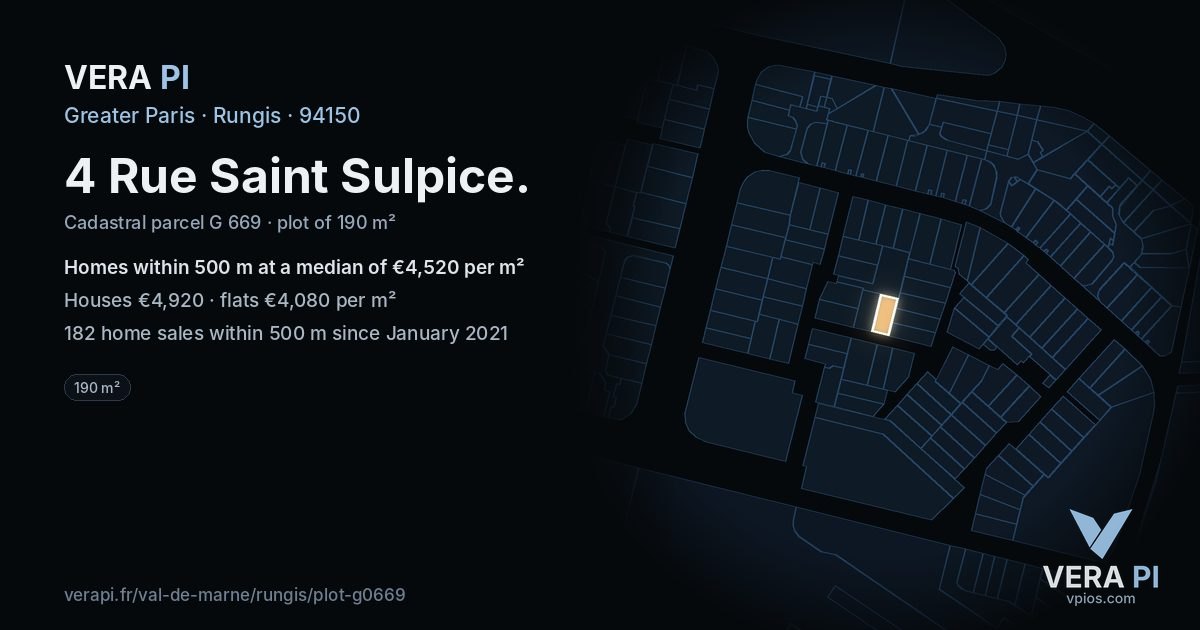 4 Rue Saint Sulpice, Rungis at night – the plot lit, the parcels around coloured by the prices near them