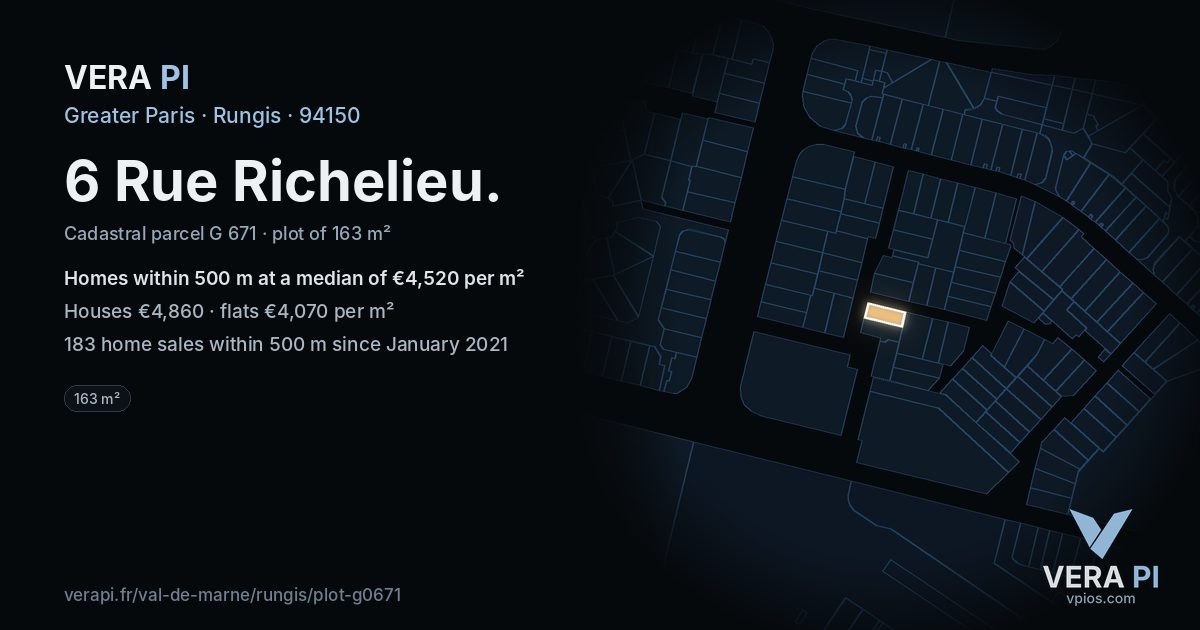 6 Rue Richelieu, Rungis at night – the plot lit, the parcels around coloured by the prices near them
