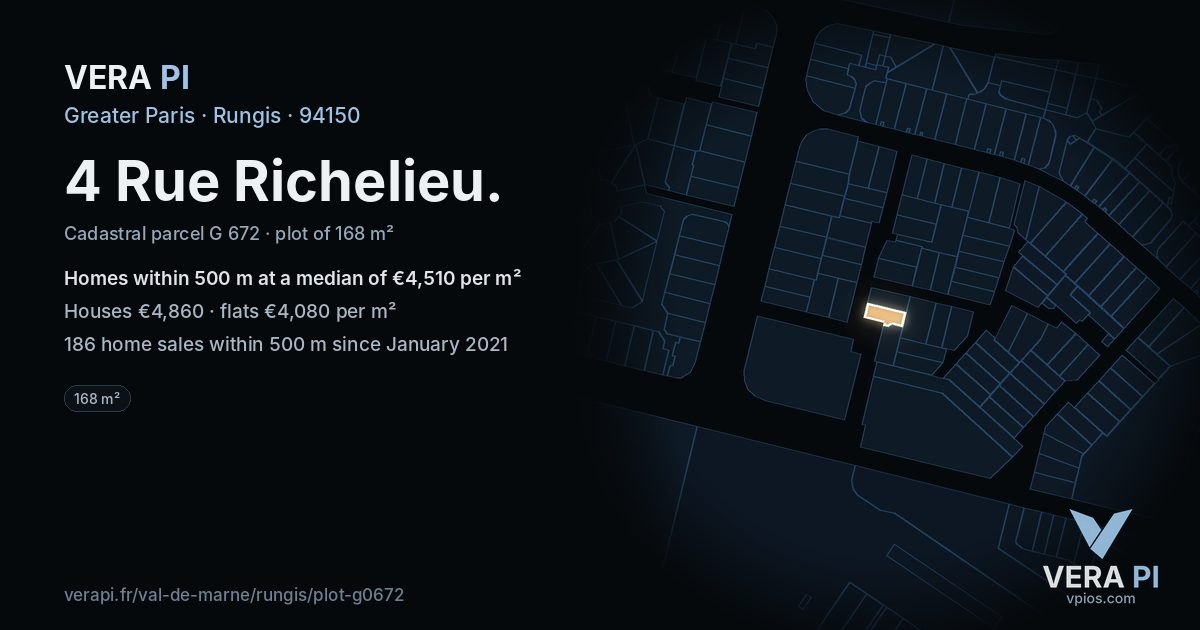 4 Rue Richelieu, Rungis at night – the plot lit, the parcels around coloured by the prices near them