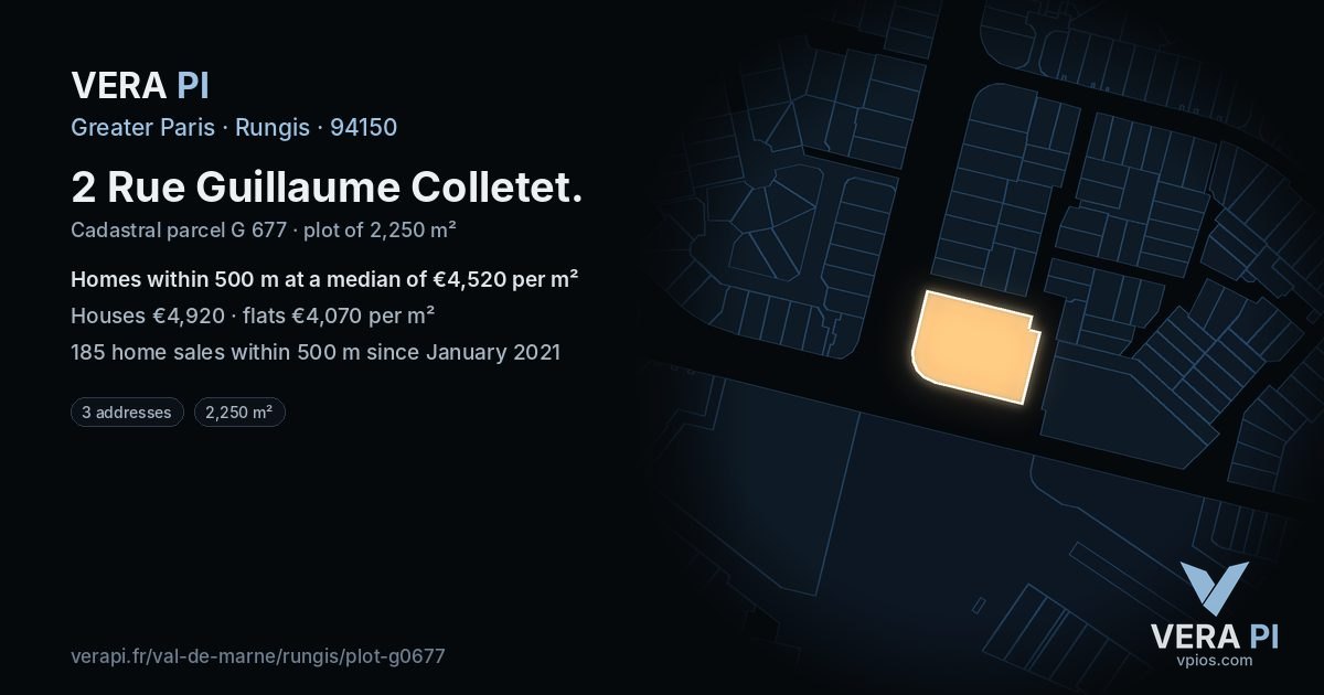 2 Rue Guillaume Colletet, Rungis at night – the plot lit, the parcels around coloured by the prices near them