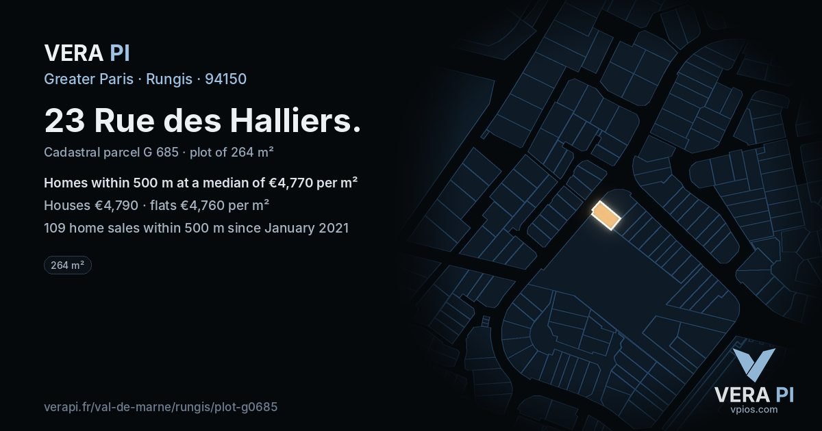 23 Rue des Halliers, Rungis at night – the plot lit, the parcels around coloured by the prices near them