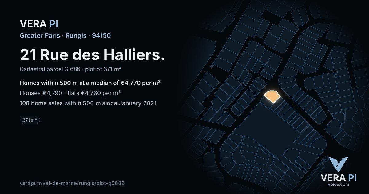 21 Rue des Halliers, Rungis at night – the plot lit, the parcels around coloured by the prices near them
