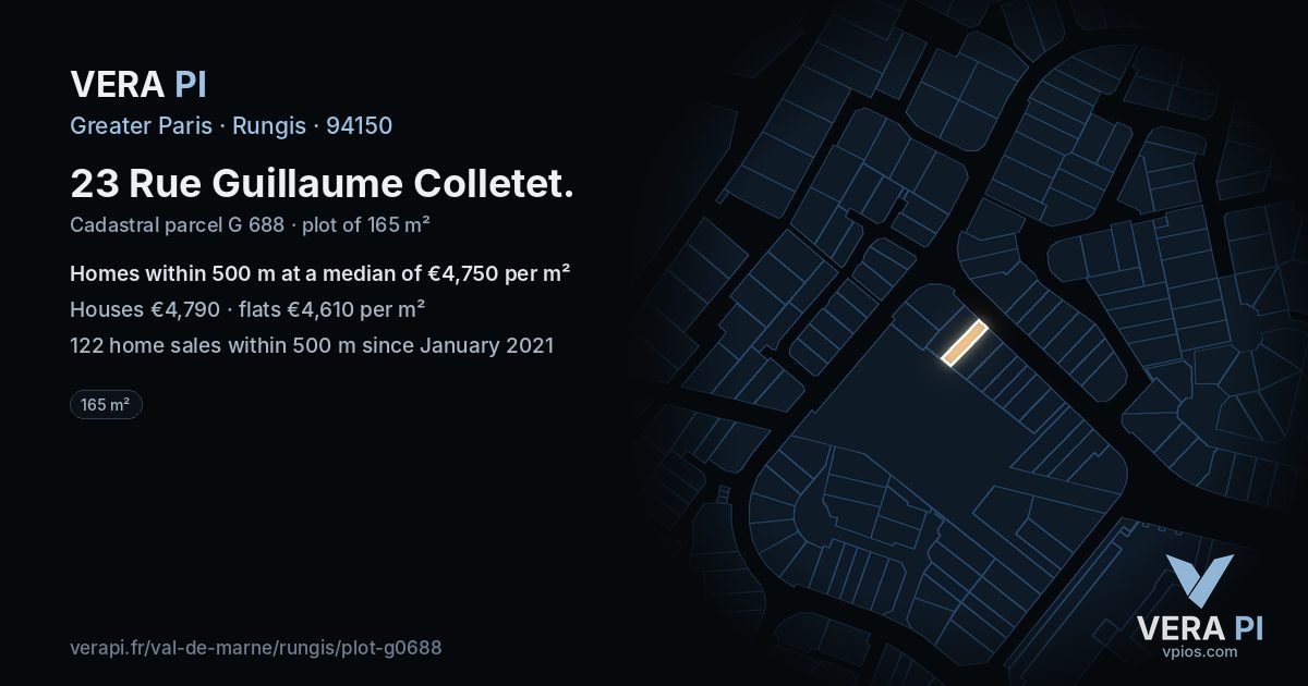 23 Rue Guillaume Colletet, Rungis at night – the plot lit, the parcels around coloured by the prices near them