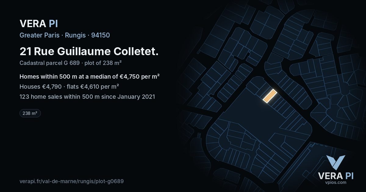 21 Rue Guillaume Colletet, Rungis at night – the plot lit, the parcels around coloured by the prices near them