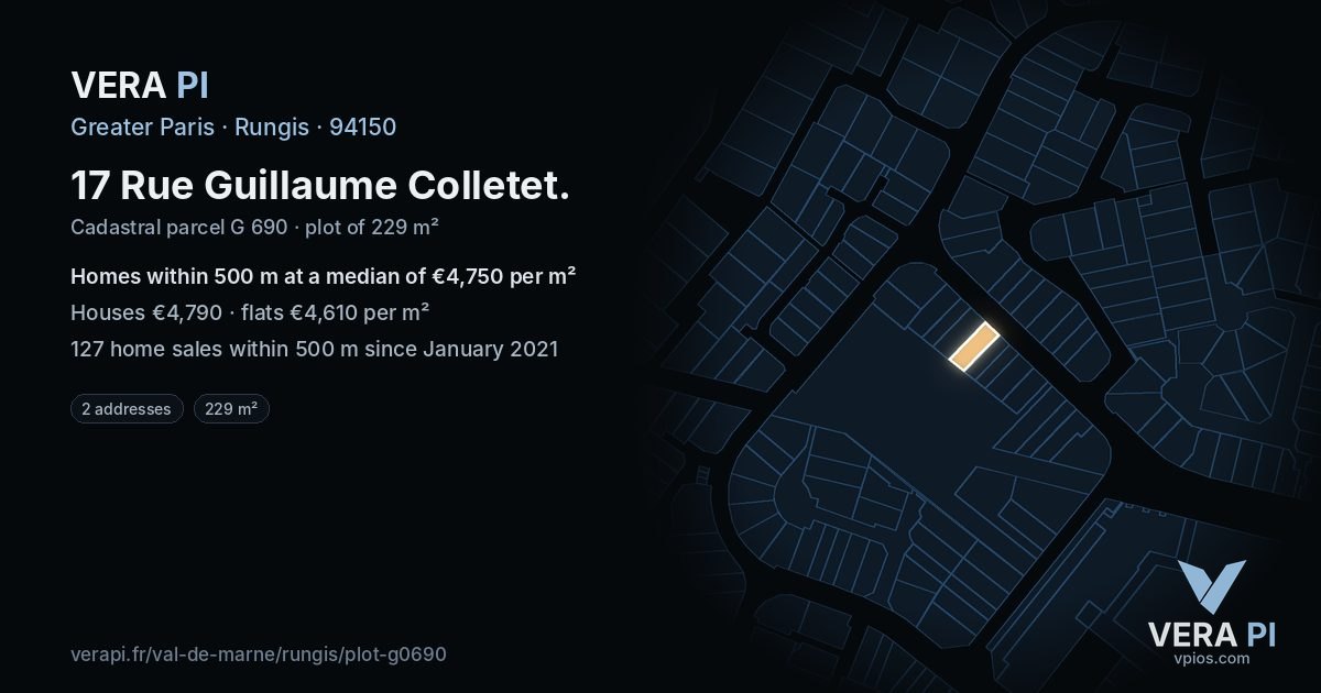 17 Rue Guillaume Colletet, Rungis at night – the plot lit, the parcels around coloured by the prices near them