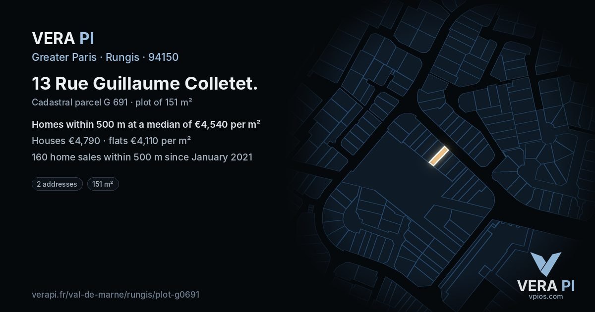 13 Rue Guillaume Colletet, Rungis at night – the plot lit, the parcels around coloured by the prices near them