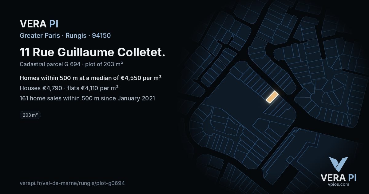 11 Rue Guillaume Colletet, Rungis at night – the plot lit, the parcels around coloured by the prices near them
