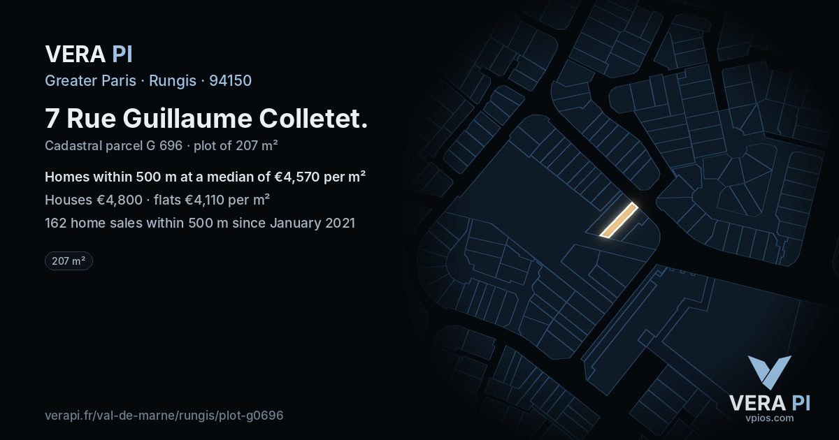 7 Rue Guillaume Colletet, Rungis at night – the plot lit, the parcels around coloured by the prices near them