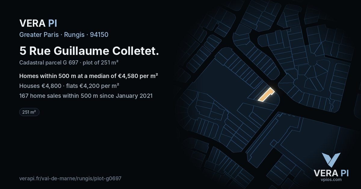 5 Rue Guillaume Colletet, Rungis at night – the plot lit, the parcels around coloured by the prices near them