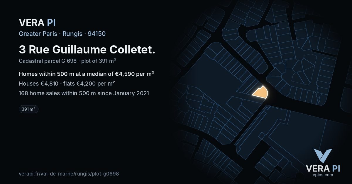3 Rue Guillaume Colletet, Rungis at night – the plot lit, the parcels around coloured by the prices near them