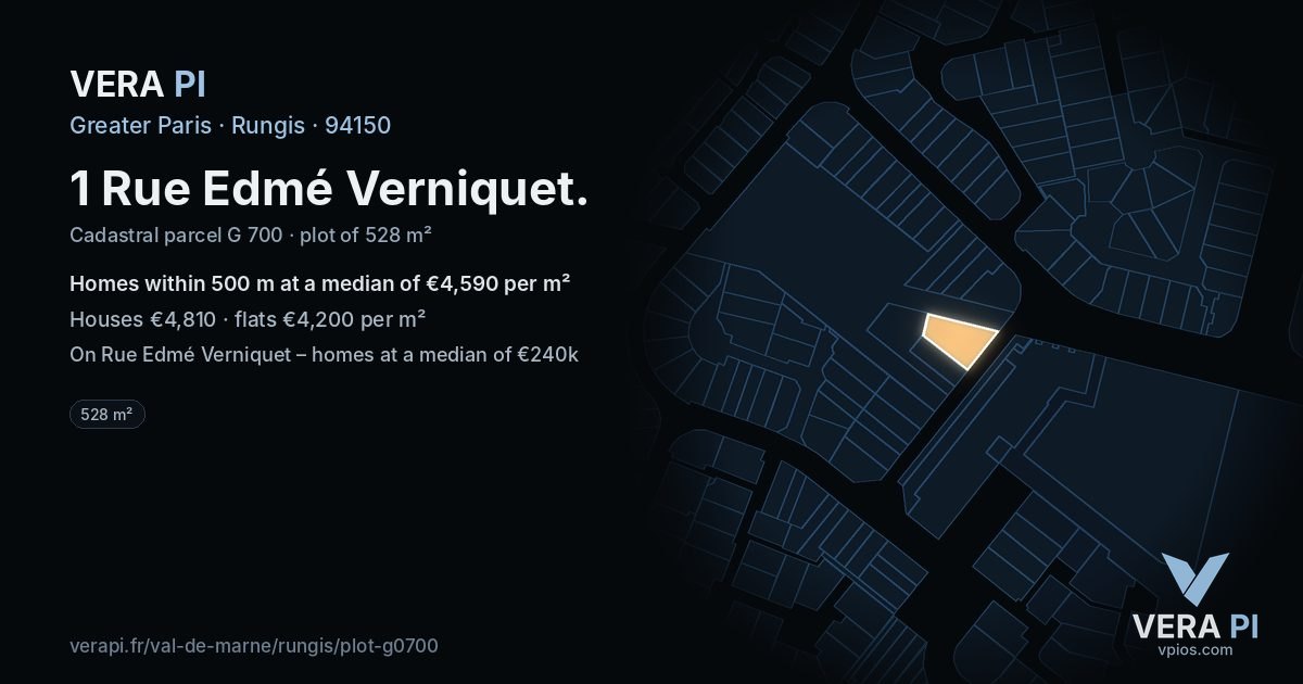 1 Rue Edmé Verniquet, Rungis at night – the plot lit, the parcels around coloured by the prices near them
