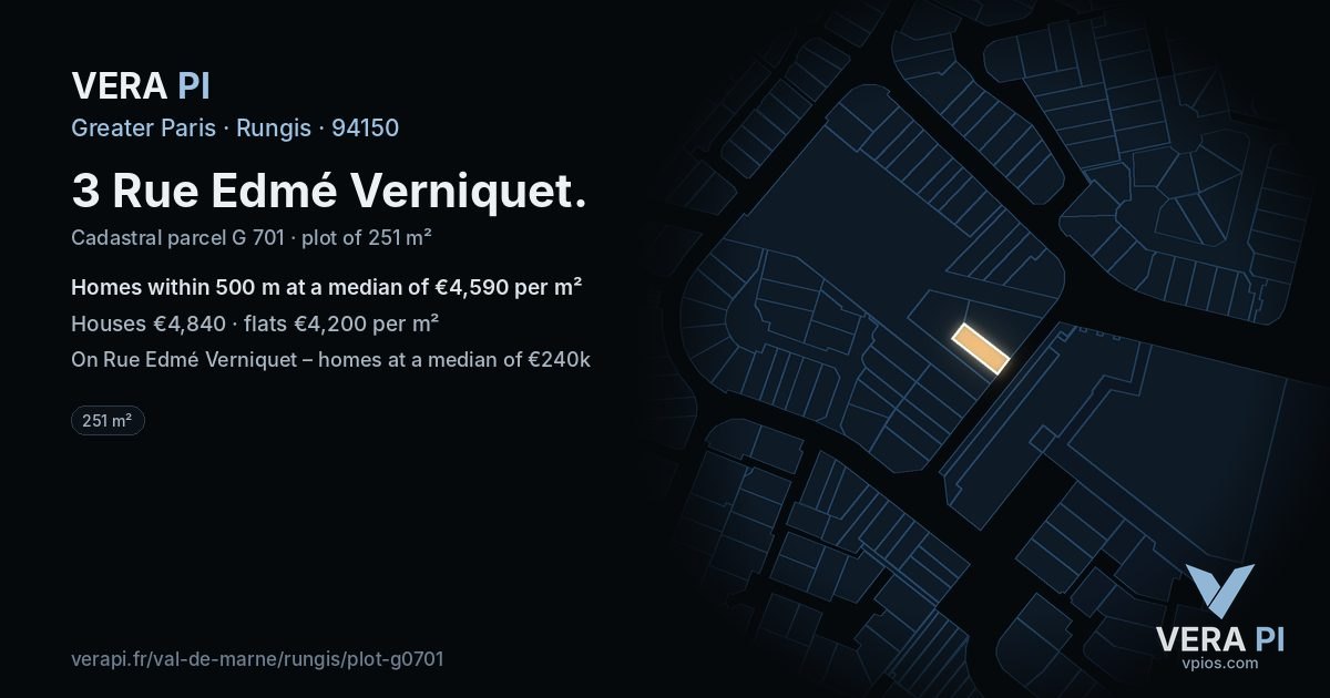 3 Rue Edmé Verniquet, Rungis at night – the plot lit, the parcels around coloured by the prices near them