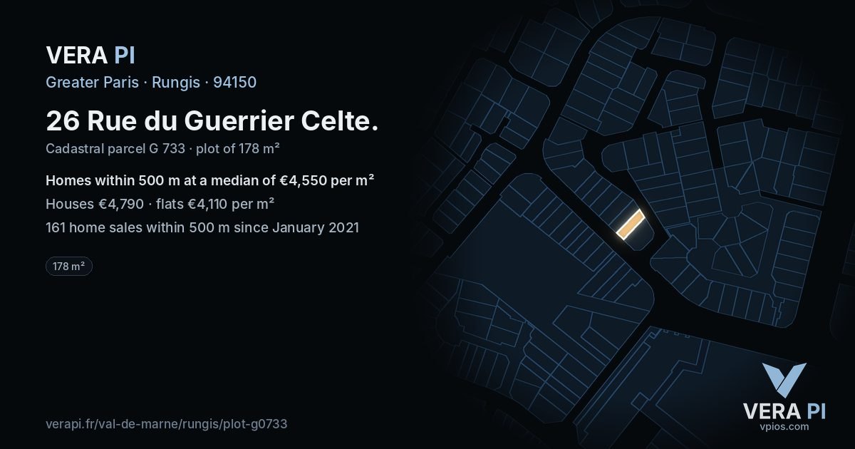 26 Rue du Guerrier Celte, Rungis at night – the plot lit, the parcels around coloured by the prices near them