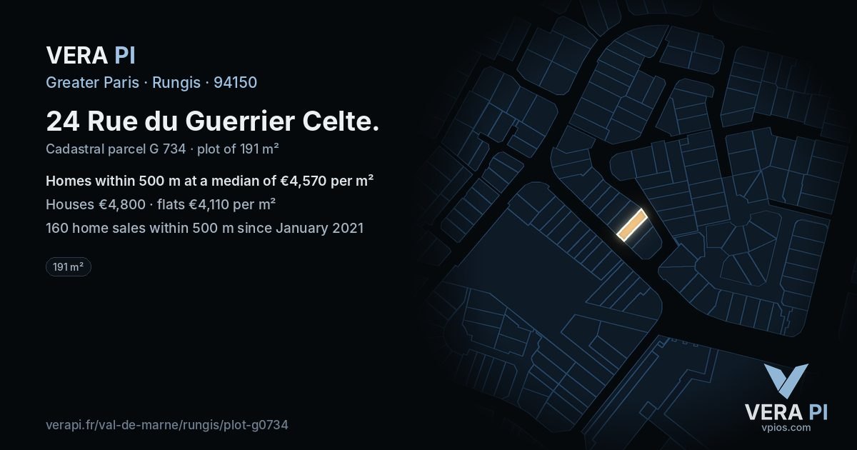 24 Rue du Guerrier Celte, Rungis at night – the plot lit, the parcels around coloured by the prices near them