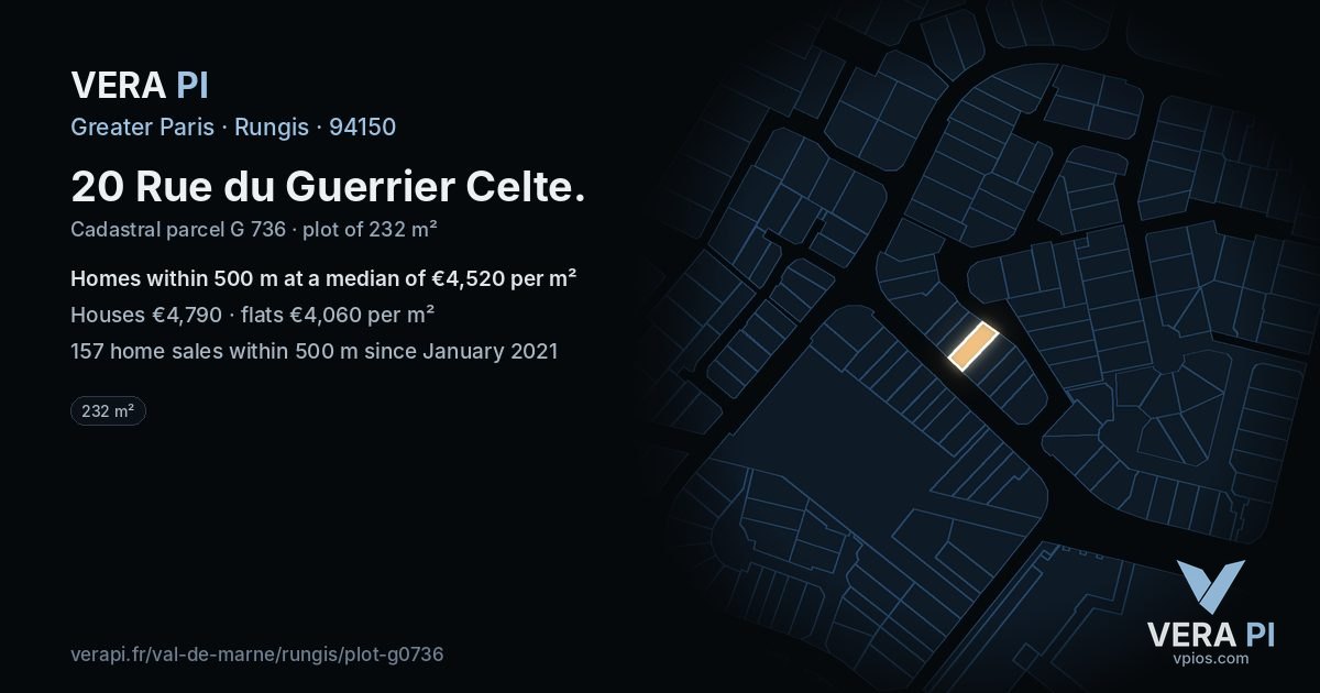 20 Rue du Guerrier Celte, Rungis at night – the plot lit, the parcels around coloured by the prices near them