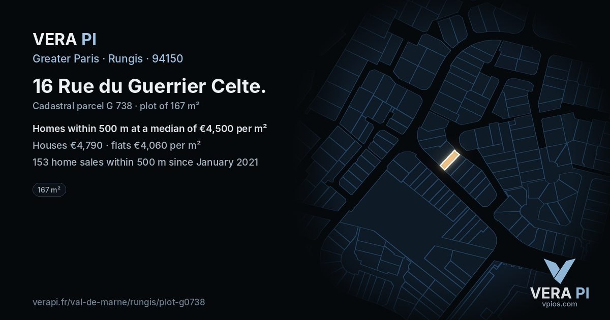 16 Rue du Guerrier Celte, Rungis at night – the plot lit, the parcels around coloured by the prices near them