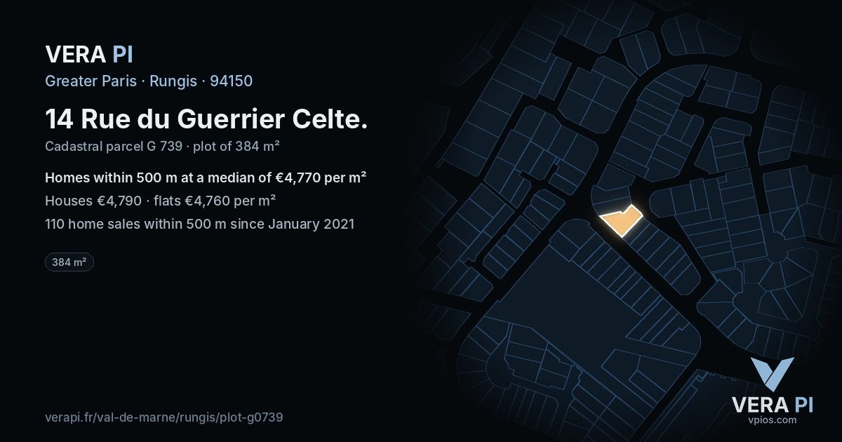 14 Rue du Guerrier Celte, Rungis at night – the plot lit, the parcels around coloured by the prices near them