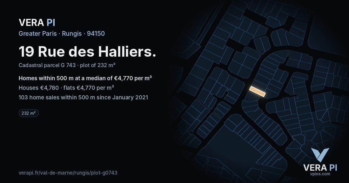 19 Rue des Halliers, Rungis at night – the plot lit, the parcels around coloured by the prices near them
