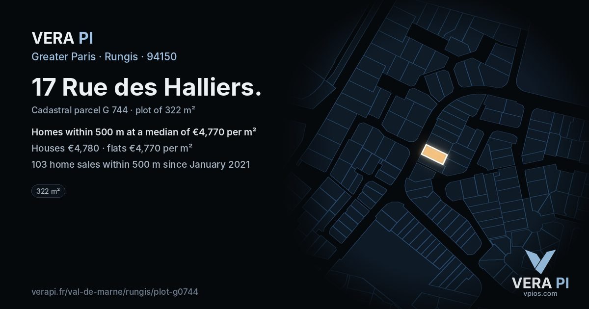 17 Rue des Halliers, Rungis at night – the plot lit, the parcels around coloured by the prices near them