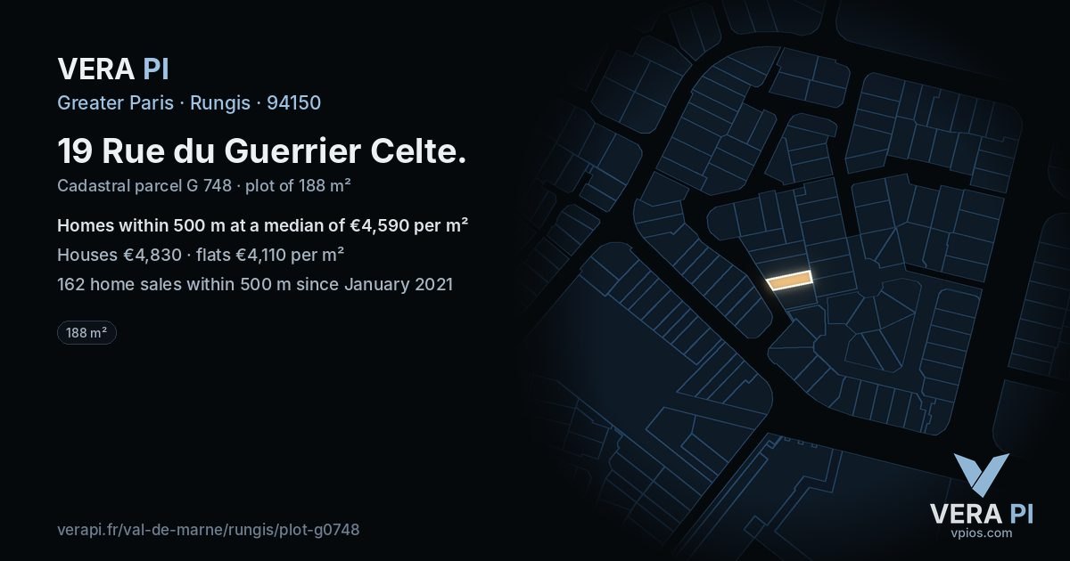 19 Rue du Guerrier Celte, Rungis at night – the plot lit, the parcels around coloured by the prices near them