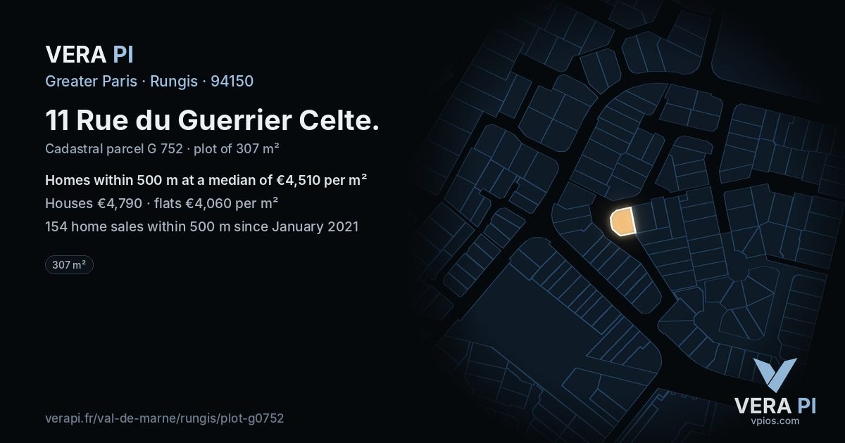 11 Rue du Guerrier Celte, Rungis at night – the plot lit, the parcels around coloured by the prices near them