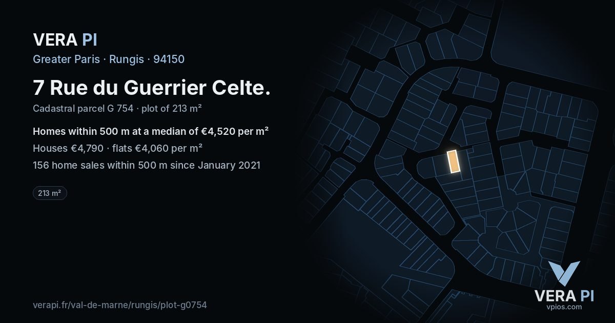 7 Rue du Guerrier Celte, Rungis at night – the plot lit, the parcels around coloured by the prices near them