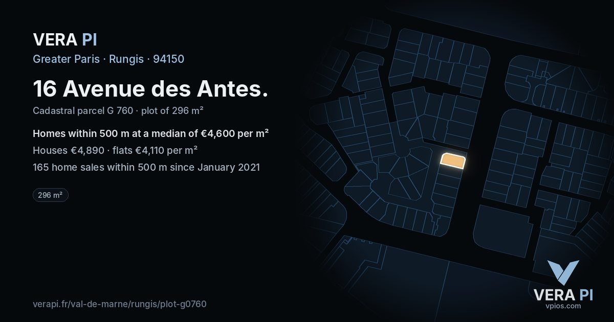 16 Avenue des Antes, Rungis at night – the plot lit, the parcels around coloured by the prices near them