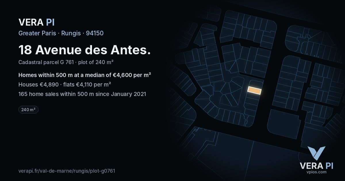 18 Avenue des Antes, Rungis at night – the plot lit, the parcels around coloured by the prices near them