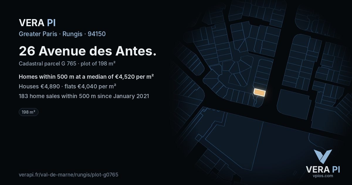 26 Avenue des Antes, Rungis at night – the plot lit, the parcels around coloured by the prices near them