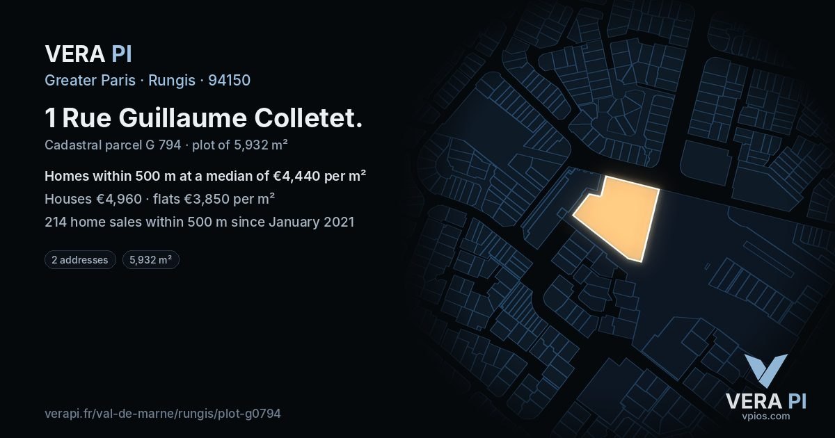 1 Rue Guillaume Colletet, Rungis at night – the plot lit, the parcels around coloured by the prices near them